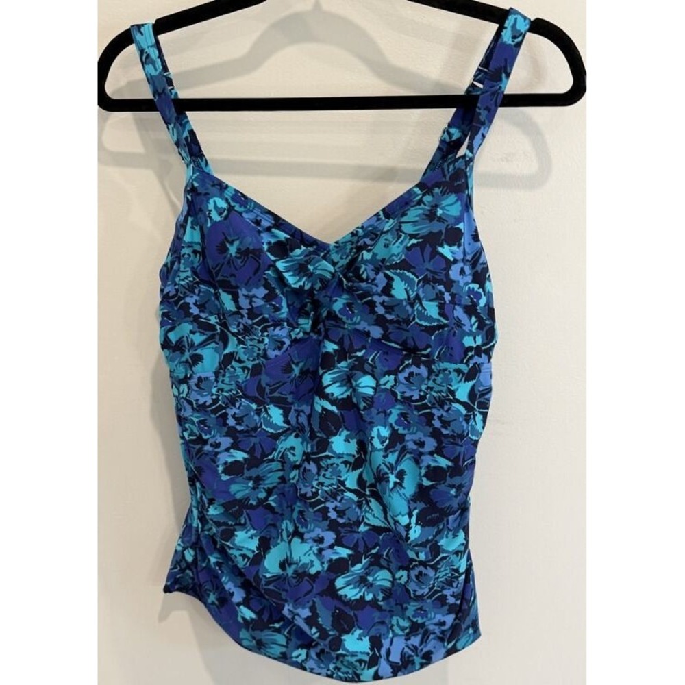 LL Bean Womens Shaping Swimwear Swimsuit Tankini Top Blue Aqua Print 12 UPF 40+